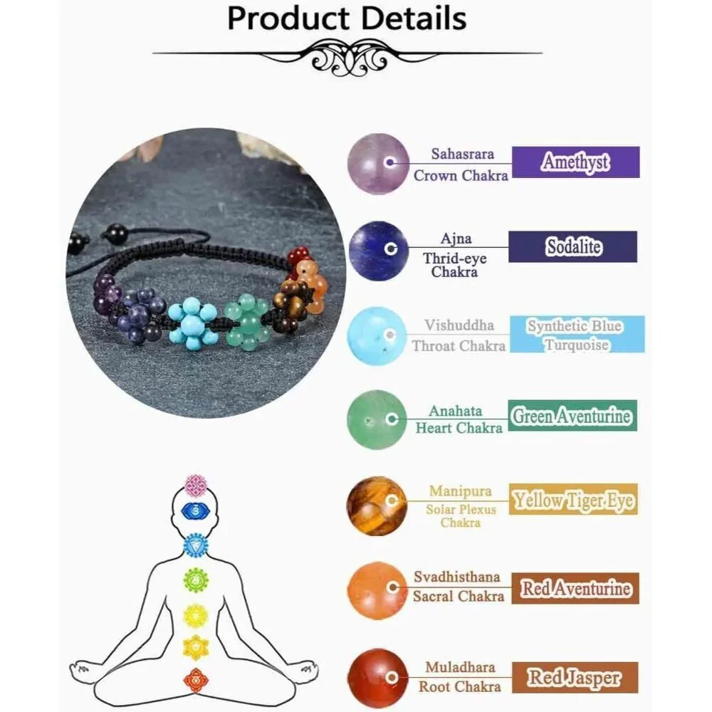 7 Flower Healing Crystals Yoga Stone Bead Chakra Relax Bracelet for Womens Mens - Picture 7 of 7